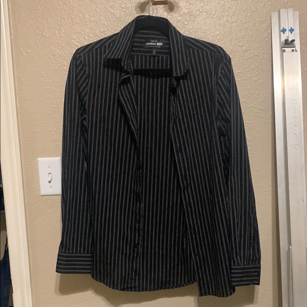 Express 1MX Stretch Cotton Black Pinstripe Button-Up Shirt Extra Slim 13-13,1/2